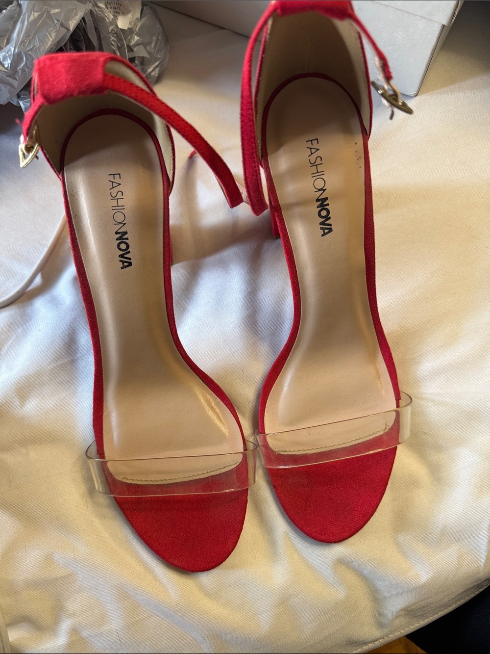 Fashion Nova Red Clear-Strap Ankle Strap Heels